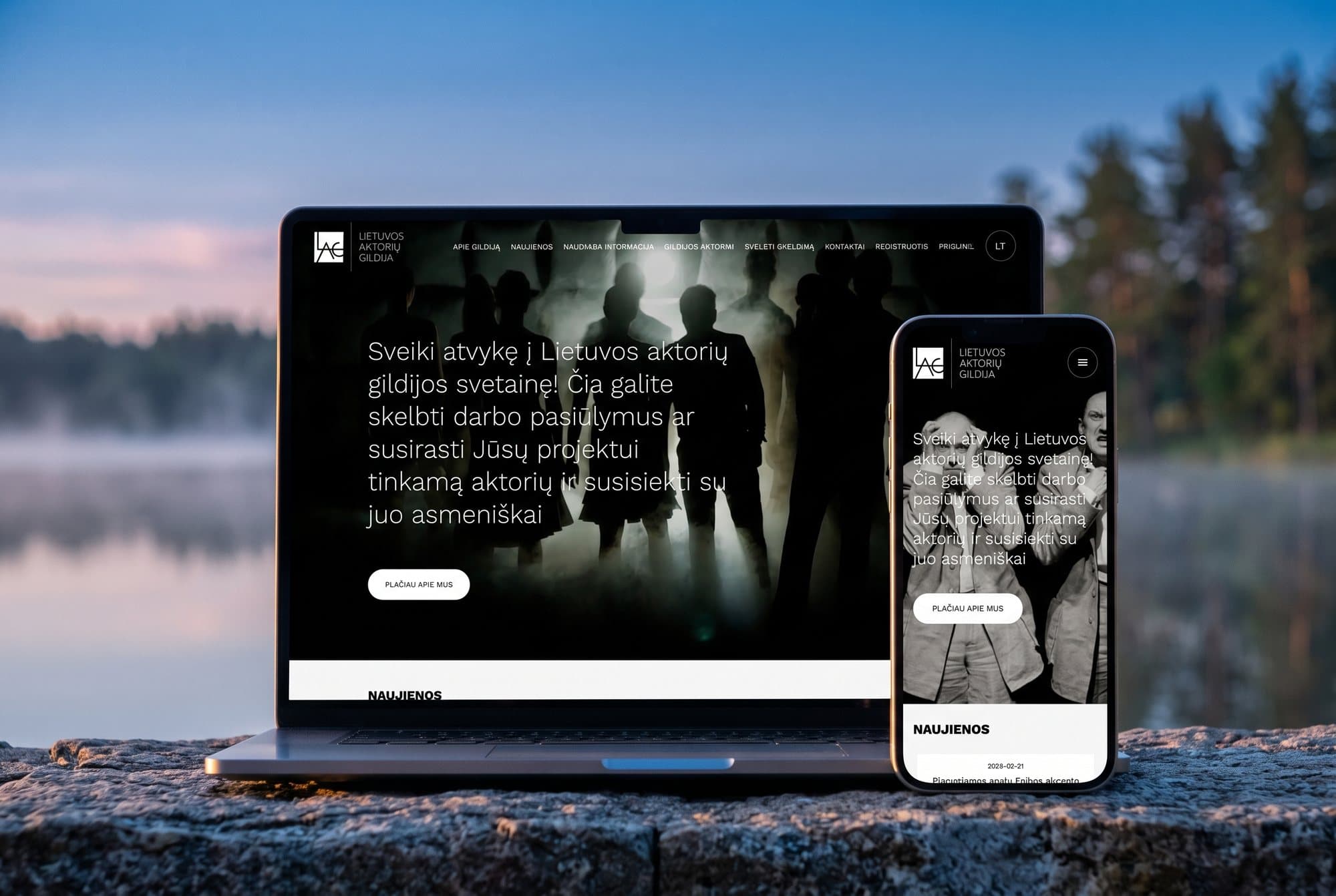 The Lithuanian Actors' Guild website on a laptop and a phone