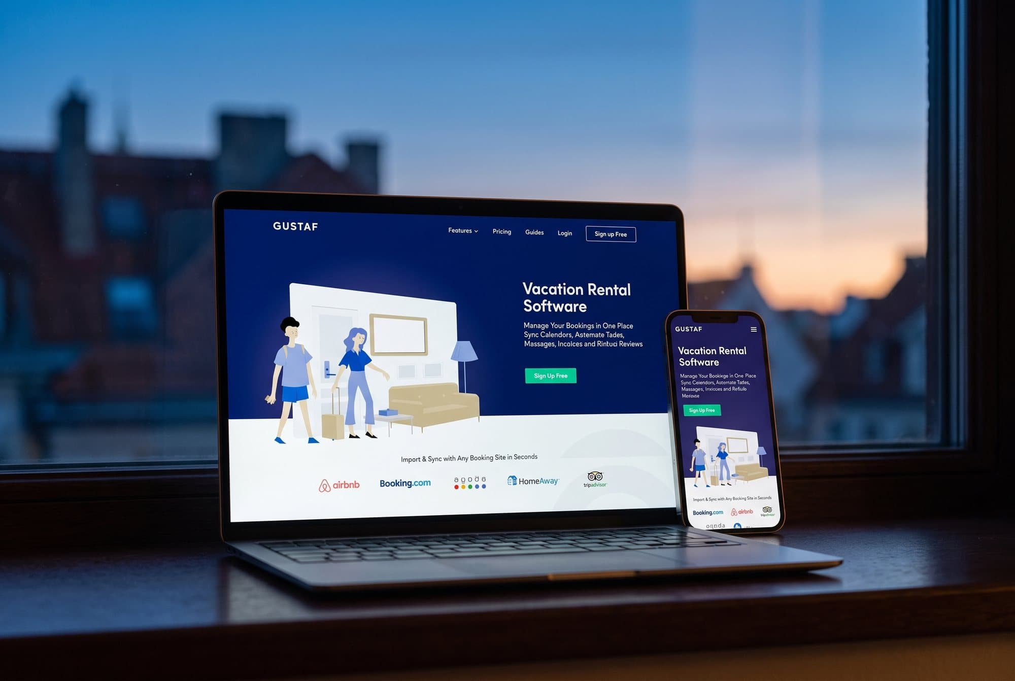 The Gustaf website on a laptop and a phone