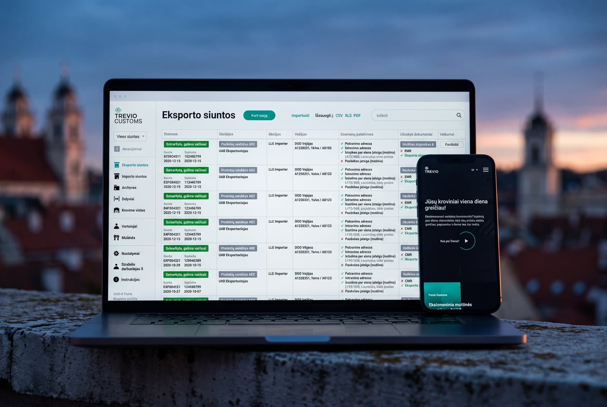 The Trevio customs platform on a laptop and its website on a phone