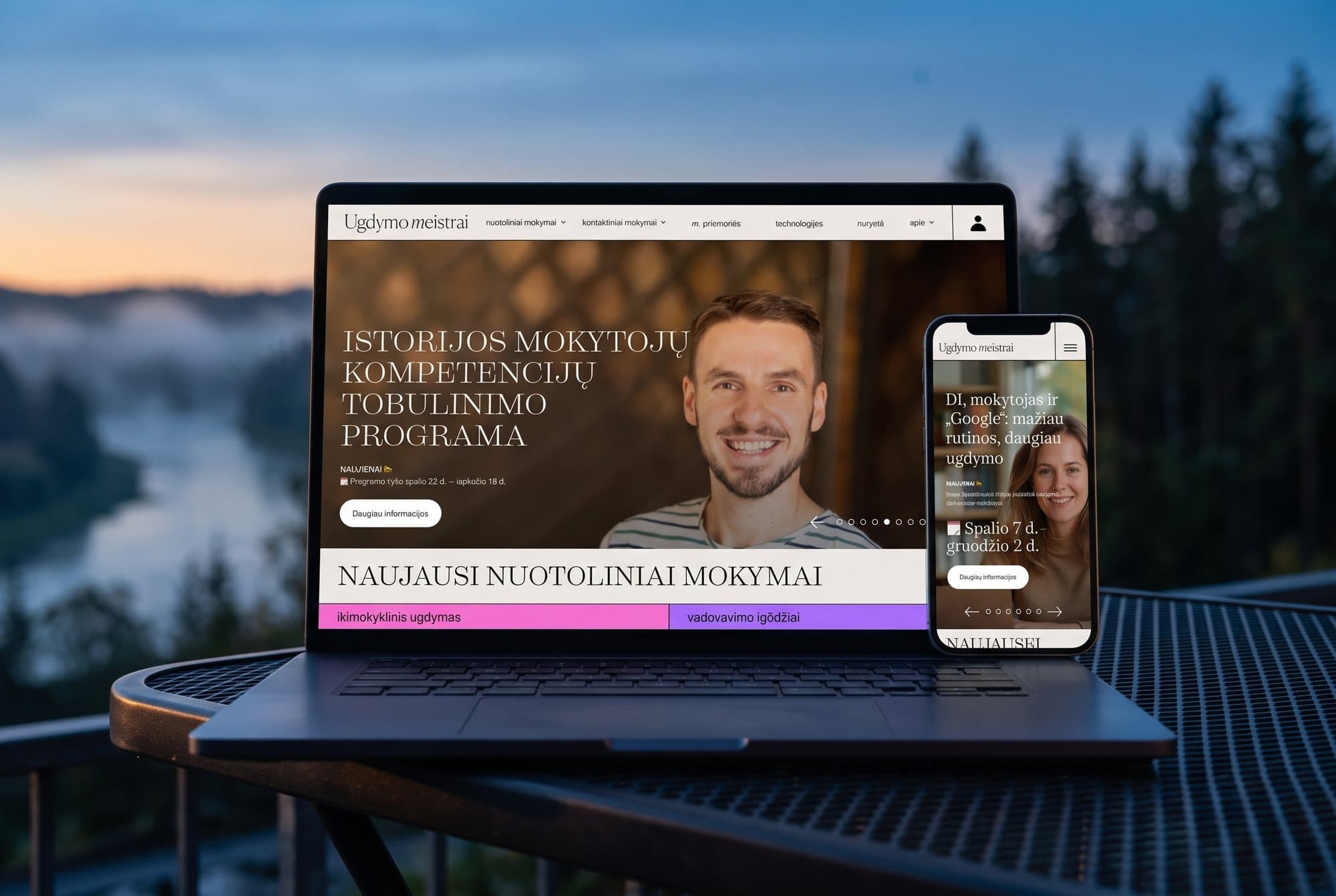 The Ugdymo meistrai website on a laptop and a phone