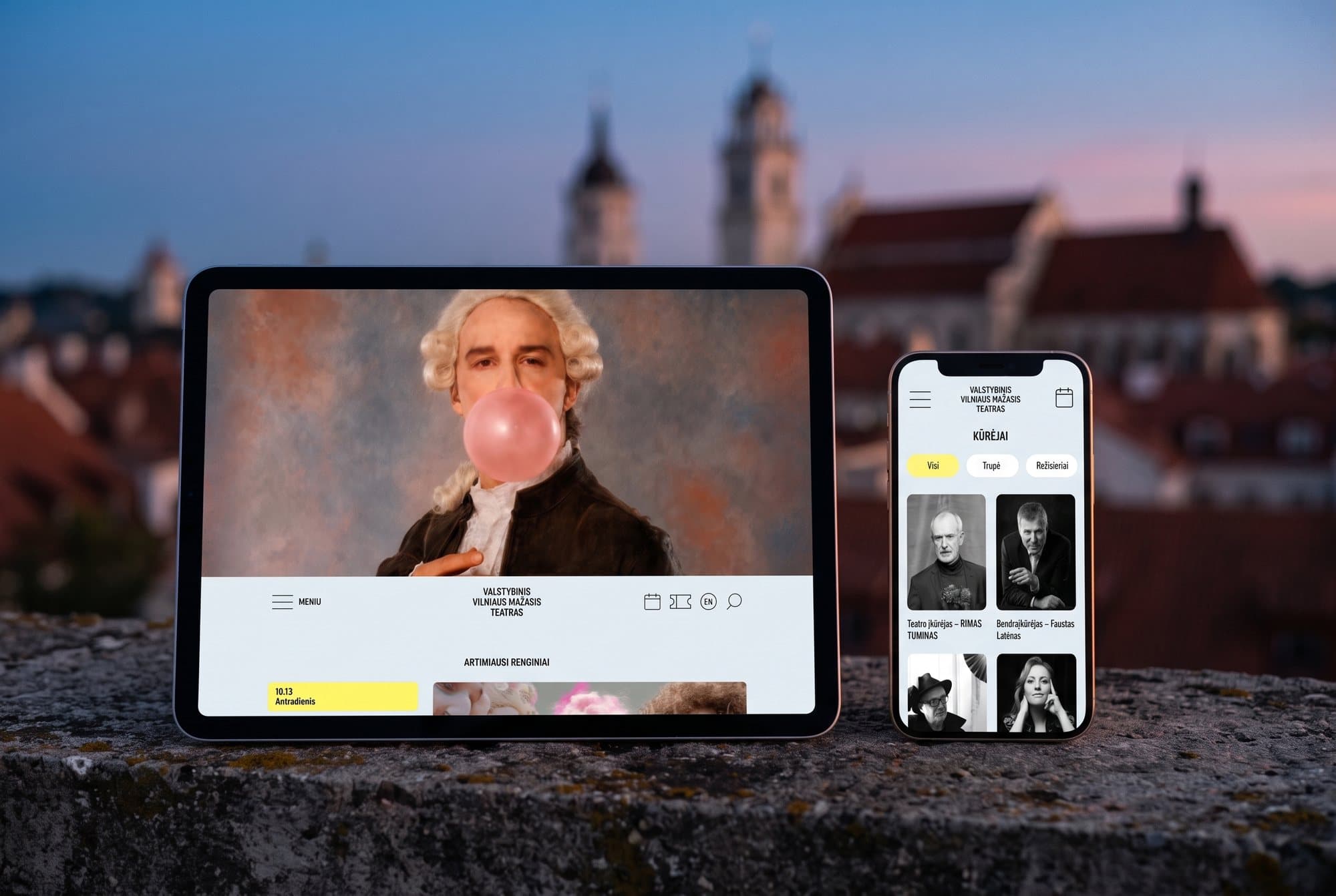 The Vilnius Little Theatre website on a tablet and a phone